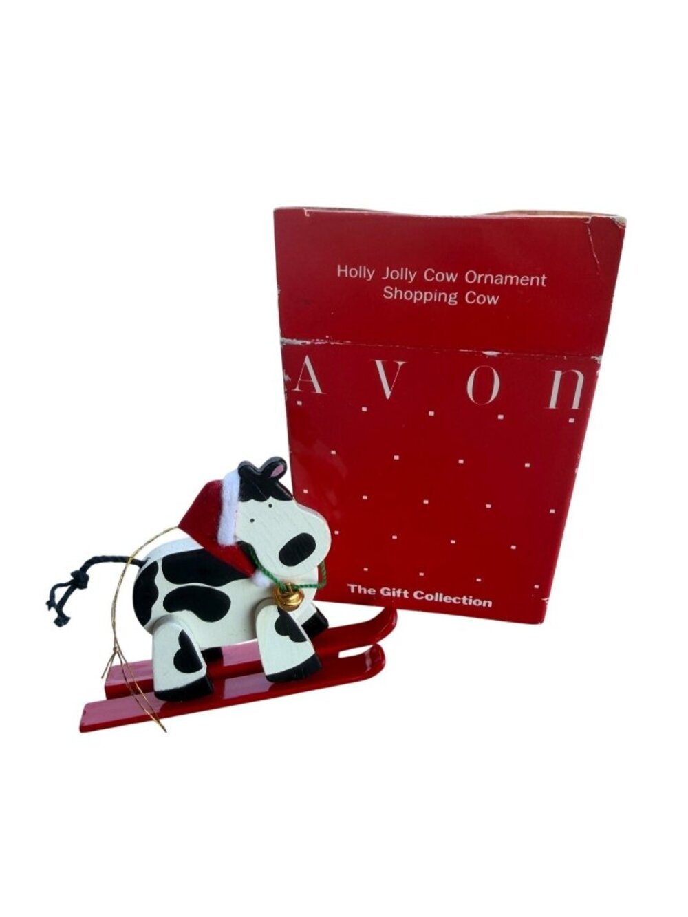 VINTAGE Avon Merry Christmas & Happy "Moo" Year Holly Jolly Skiing Cow Ornament
